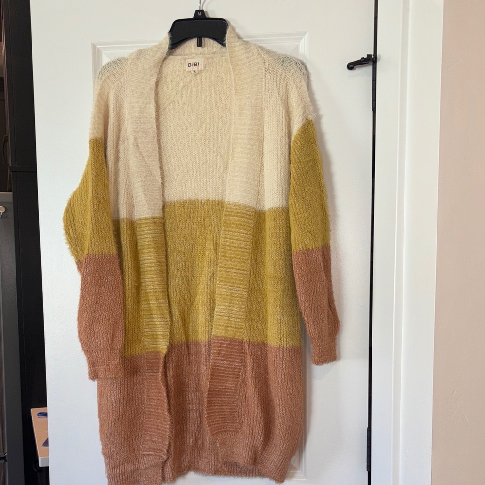 BiBi Long Eyelash knit Color block Cardigan - Cream, Mustard, and Rust so soft!!